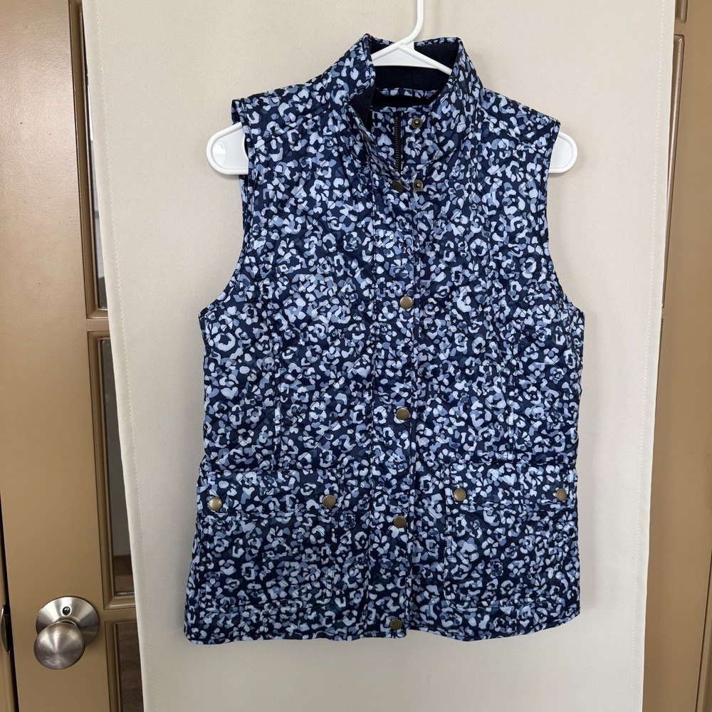 Talbots Womens Small Blue Leopard Fleece Lined Quilted‎ Zip Up Snap Vest